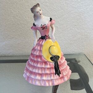 Pink Porcelain Lady Figurine with Yellow Hat